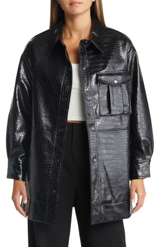 Open Edit + Croc Texture Faux Leather Shirt Jacket