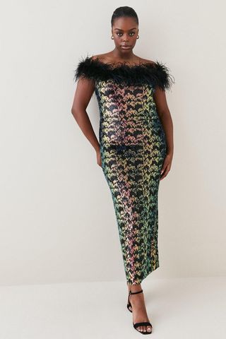 Karen Millen + Plus Size Sequin Bardot Feather Trim Maxi Dress