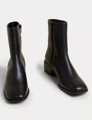 M&S Collection + Leather Block Heel Square Toe Ankle Boots