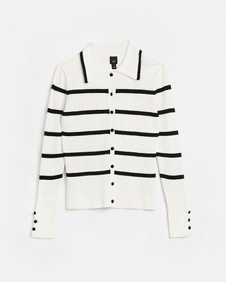 River Island + White Stripe Long Sleeve Collared Top