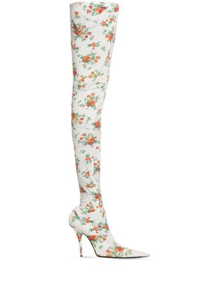 Balenciaga + Floral-Print Thigh-Length Boots