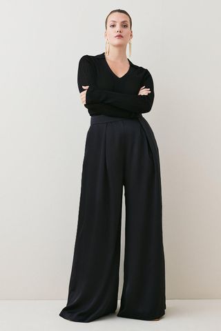 Karen Millen + Plus Size Satin Wide Leg High Waist Trousers