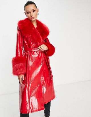 Topshop + Long Pu Coat With Faux Fur Trim in Red