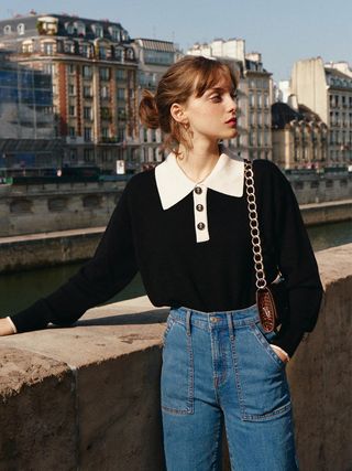Simple Retro + Selena Polo Contrast Collar 100% Wool Knit Sweater