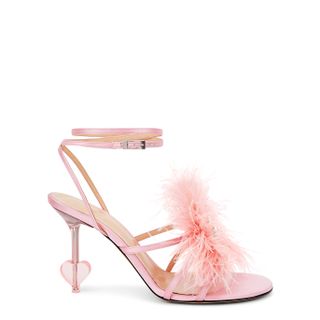 Mach & Mach + 95 Pink Feather-Trimmed Satin Sandals