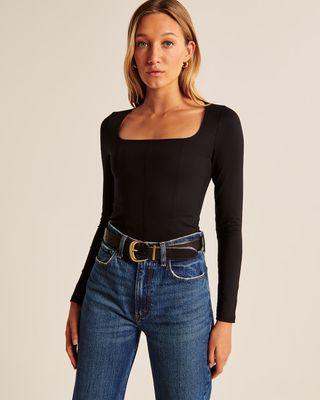Abercrombie & Fitch + Long-Sleeve Seamless Fabric Corset Bodysuit