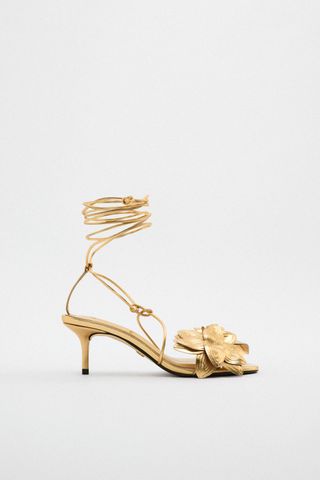 Zara + Lace Up Tied Floral Leather Heel Sandals
