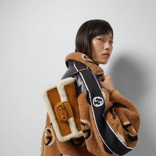 Gucci + Horsebit 1955 Mini Shearling-Trimmed Suede Shoulder Bag