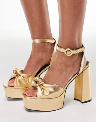 ASOS Design + Knotted Platform Heeled Sandals in Gold