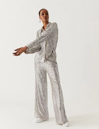M&S Collection + Sequin Elasticated Waist Wide Leg Trousers