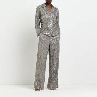 River Island + Grey Sequin Straight Leg Trousers