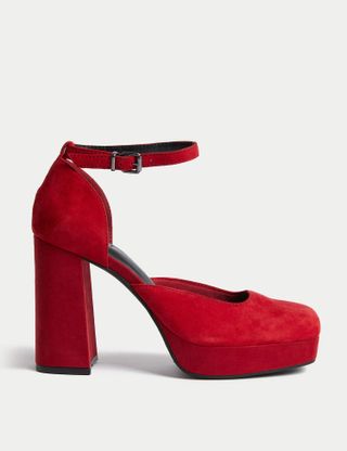 M&S Collection + Suede Ankle Strap Platform Square Toe Heels