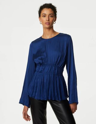 M&S Collection + Satin Textured Round Neck Waisted Blouse
