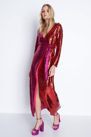 Warehouse + Rectangle Sequin Wrap Midi Dress