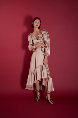 Halfpenny London + Pink Satin Wrap Dress With Sleeves