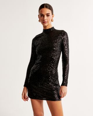Abercrombie and Fitch + Long-Sleeve Sequin Mockneck Mini Dress