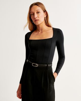 Abercrombie & Fitch + Long-Sleeve Cotton-Modal Squareneck Corset Bodysuit