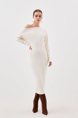 Karen Millen + Ivory Petite Viscose Blend Knit Asymmetric Neck Midi Dress