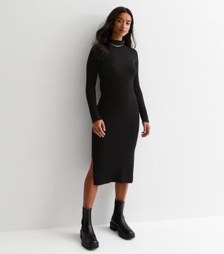 New Look + Petite Black Ribbed Knit High Neck Midi Dress