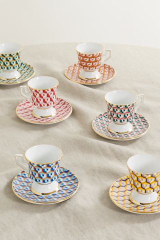 La Doublej + Set of Six Gold-Plated Porcelain Espresso Cups and Saucers