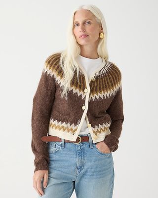 J.Crew + Fair Isle Cardigan Sweater in Brushed Yarn