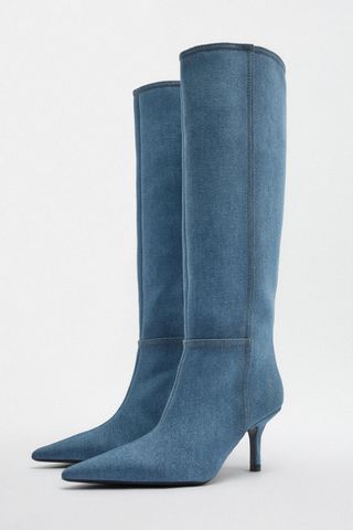 Zara + Knee High Denim Boots