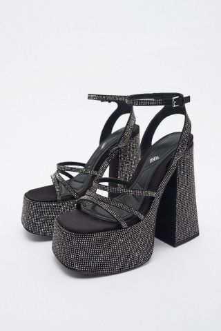 Zara + High Heel Platform Sandals With Rhinestones