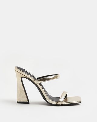 River Island + Gold Strappy Heeled Mules