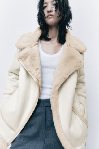 Zara + Long Double-Faced Shearling Suede Jacket
