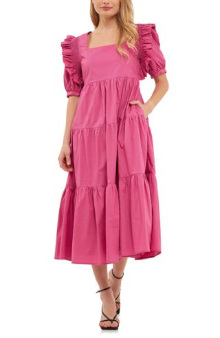 English Factory + Ruffle Puff Sleeve Tiered Midi Dress