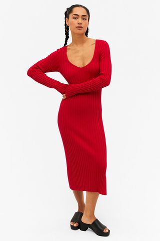 Monki + Red Long Sleeve Knit Midi Dress