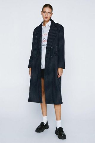 Nasty Gal + Pinstripe Wool Blend Contrast Stitch Duster