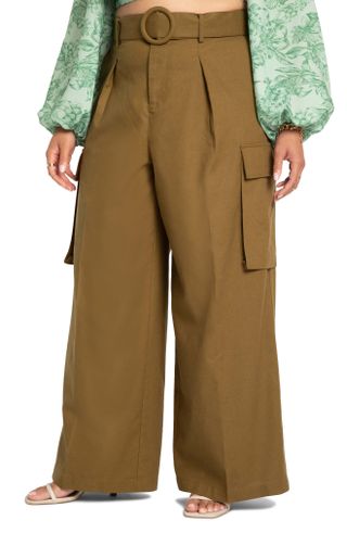 Eloquii + Wide Leg Pleat Front Linen & Cotton Pants