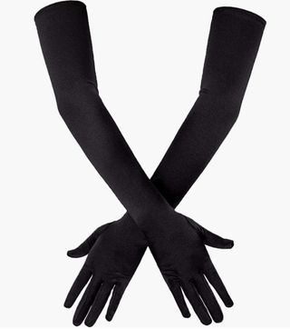 Savita + Long Black Elbow Satin Gloves