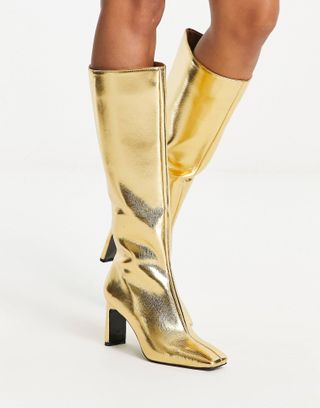 Stradivarius + Knee High Boot in Gold