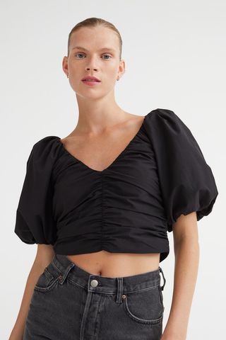 H&M + Gathered Puff-Sleeved Top
