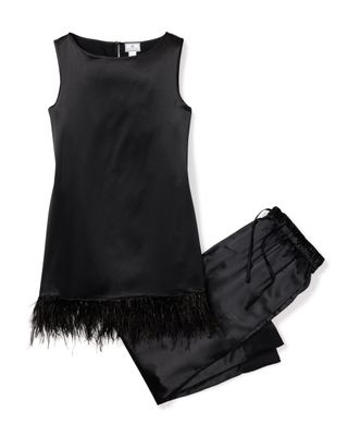 Petite Plume + 100% Mulberry Black Silk Tunic Set With Feathers