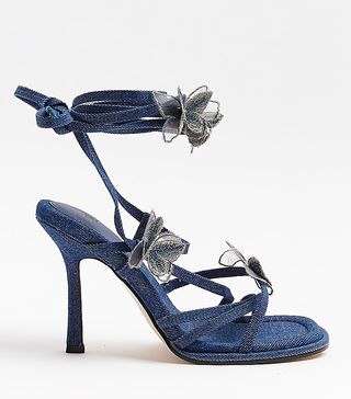 River Island + Blue Denim Butterfly Heeled Sandals