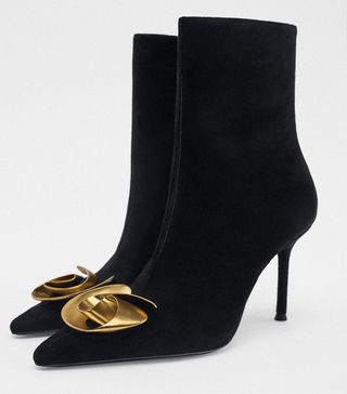 Zara + Metal Flower Leather Heeled Ankle Boots
