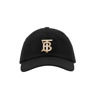 Burberry + Crystal Monogram Motif Cotton Baseball Cap in Black