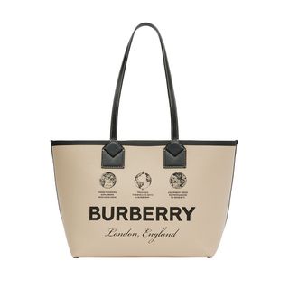 Burberry + Label Print Cotton and Leather Small London Tote Bag
