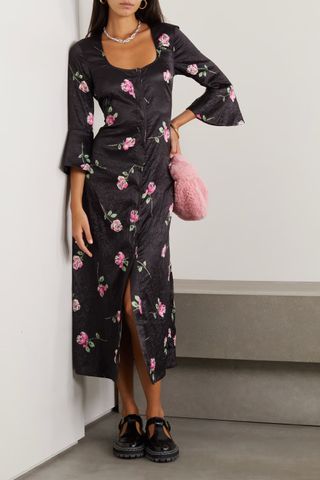 Ganni + + Net Sustain Floral-Print Crinkled Recycled Duchesse-Satin Midi Dress