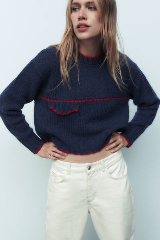 Zara + Contrast Topstitching Knit Sweater