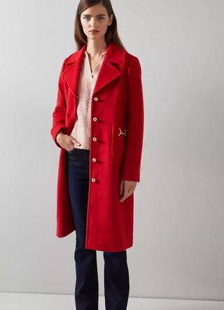 LK Bennett + Spencer Red Recycled Wool Blend Snaffle-Detail Coat