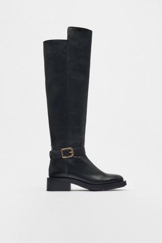 Zara + Over the Knee Buckled Leather Boots