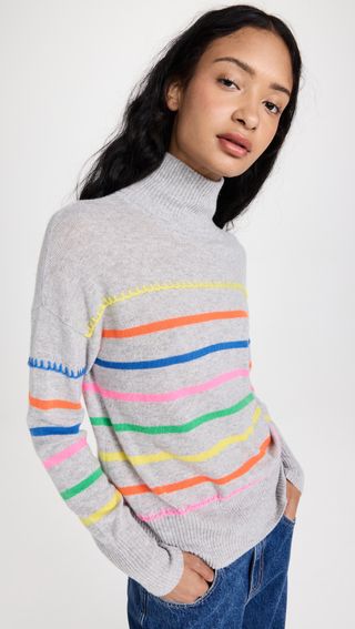 Autumn Cashmere + Multi Colored Cashmere Breton Stripe Mock With Blanket Stitch