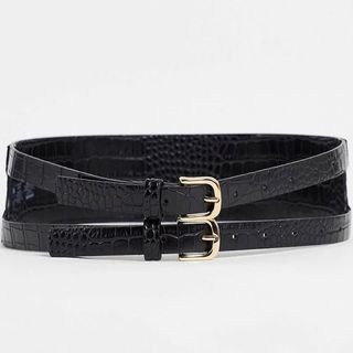 ASOS Design + Double Buckle Waist Belt in Black Croc