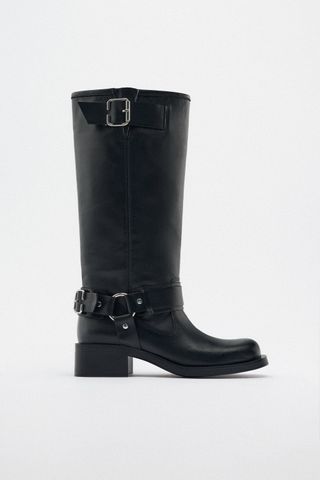 Zara + Knee-High Buckled Leather Biker Boots