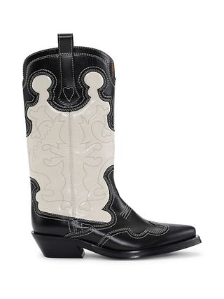 Ganni + Embroidered Colorblocked Leather Western Boots