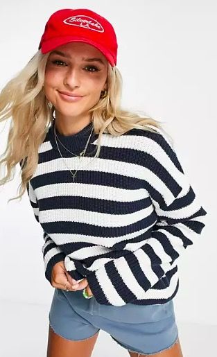Monki + Knit Sweater in Navy and Beige Stripe